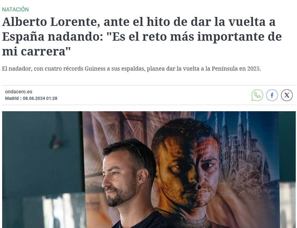 'El nadador Alberto Lorente se ha propuesto un nuevo récord: dar la vuelta a España a nado en menos de un mes. Con cuatro récords Guiness a sus espaldas, se propone este nuevo objetivo de cara a mayo de 2025. Para ello, asegura que entrena una media de entre cinco y seis horas diarias.